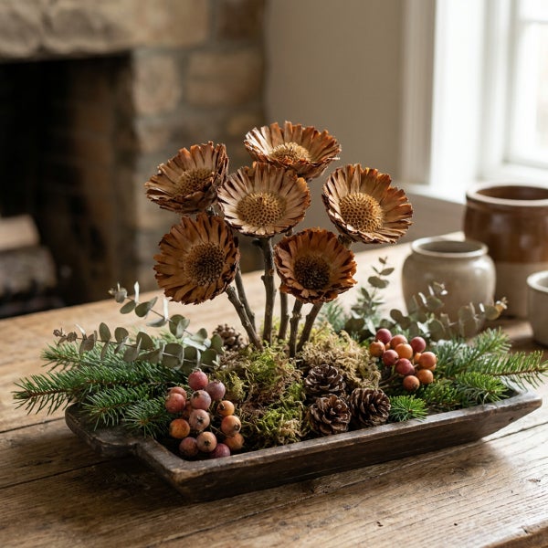 Dekorative Tischschale mit Trockenblumen, Kiefernzweigen, Tannenzapfen und Beeren als rustikale Herbst- oder Winterdekoration aus Holz.
