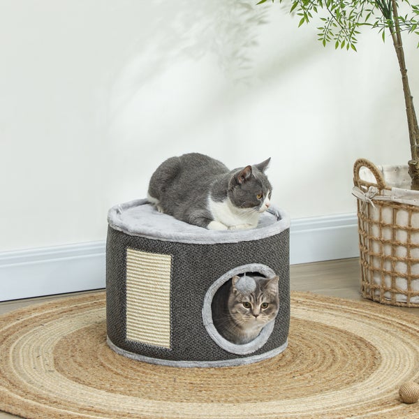 PawHut Kratztonne, 30 cm Hoch Katzentonne mit Höhle, Kratzbaum, Katzenturm aus Sisal, für Katze bis 5 kg, Cremeweiß