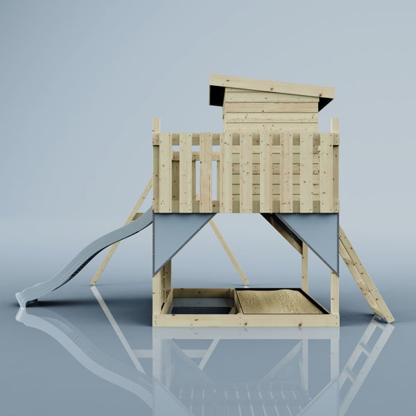 Vogelperspektive eines Spielturms aus Holz mit Dach, Rutsche und Schaukelanbau.