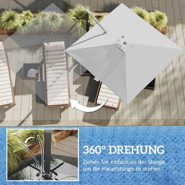 Outsunny Alu Ampelschirm 3 x 3 m 360° drehbar Sonnenschirm mit Kurbel Ständer neigbar Wasserabweisend Marktschirm höhenverstellbar Gartenschirm Kurbelschirm Sonnenschutz für Garten Balkon Hellgrau