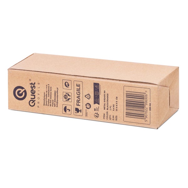 Verpackungskarton für Metallscheren der Größe 23 x 6 x 6 Zentimeter.