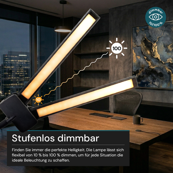 LED Schreibtischlampe mit zwei verstellbaren Leuchtarmen, stufenlos dimmbar von 10 bis 100 Prozent, in einem modernen Arbeitszimmer.