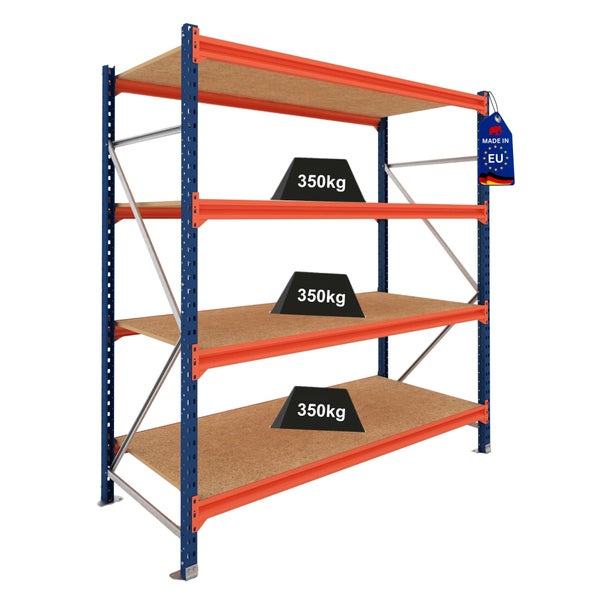 Schwerlastregal mit vier Holzböden, Metallrahmen in Blau und Orange, Belastbarkeit 350 Kilogramm pro Boden, hergestellt in der Europäischen Union.