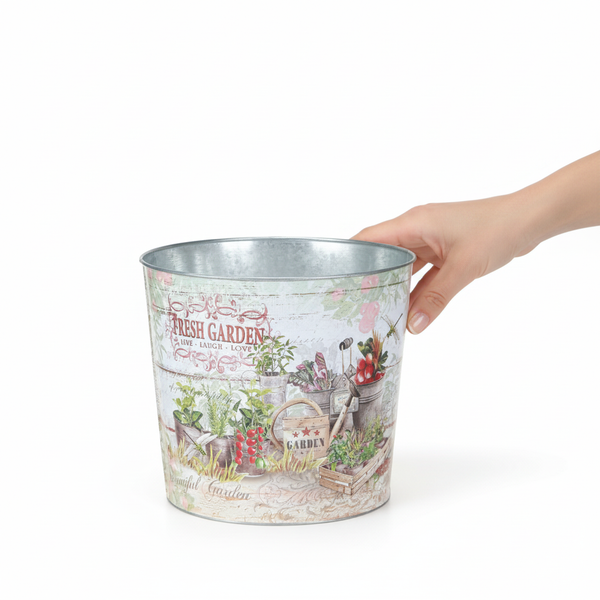 Zink-Blumentopf mit Fresh Garden Motiv und Gartenillustrationen im Vintage-Stil