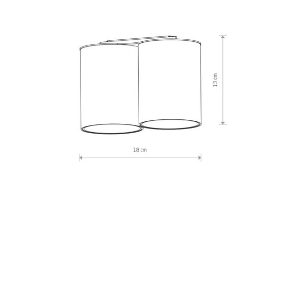 Maßzeichnung einer Deckenleuchte mit zwei zylindrischen Schirmen, Breite 18 Zentimeter, Höhe 13 Zentimeter.