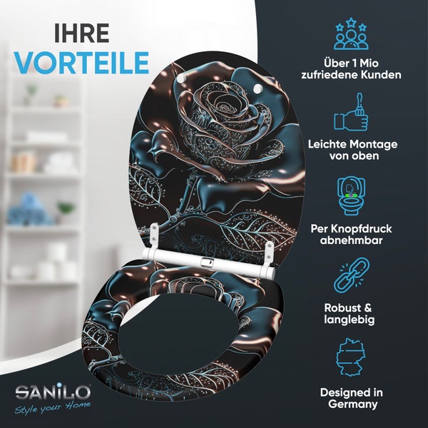 Toilettensitz mit Rosenmotiv und Schnellbefestigung für einfache Montage von oben sowie abnehmbar per Knopfdruck Sanilo Marke