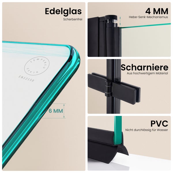 EMKE Badewannenaufsatz 2-teilig 120 x 140 cm faltbare Duschwand in Schwarz aus 6 mm ESG-Sicherheitsglas mit Nano-Beschichtung beidseitig montierbar