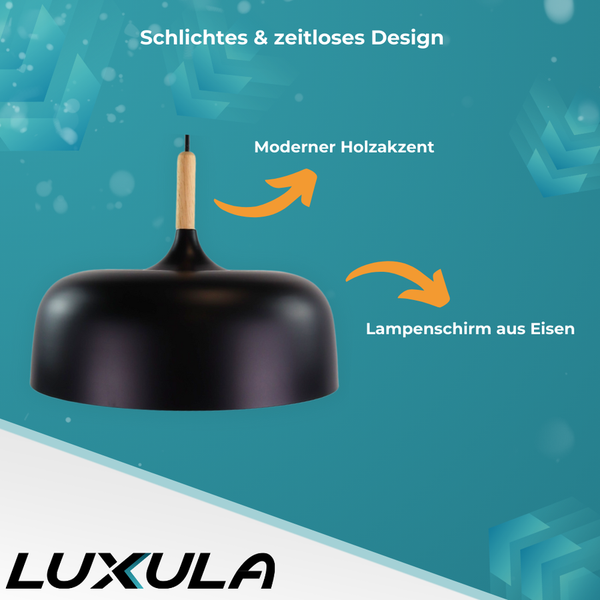 Luxula Hängeleuchte mit Lampenschirm aus Eisen und modernem Holzakzent