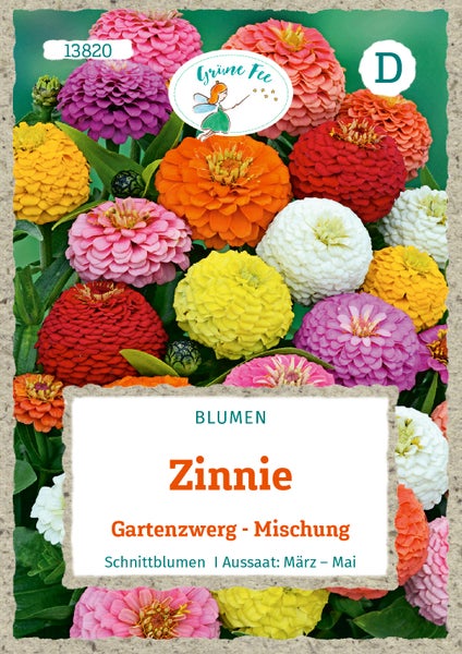 Samentüte für Zinnien Gartenzwerg-Mischung, Grüne Fee Logo, geeignet als Schnittblumen, Aussaat von März bis Mai.
