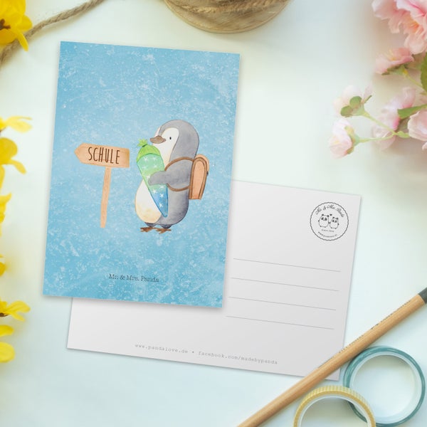 Mr. & Mrs. Panda Postkarte Pinguin Schultüte - Eisblau