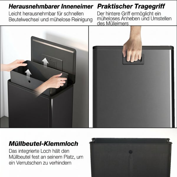 Mülleimer mit herausnehmbarem Inneneimer, Tragegriff und Müllbeutelklemmloch für einfache Handhabung und Mülltrennung.