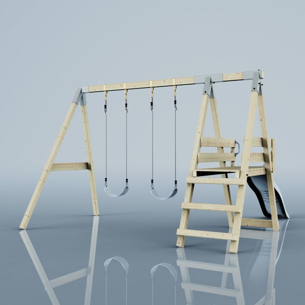 Spielturm aus Holz mit Doppelschaukel, Leiter, Podest und Rutsche.