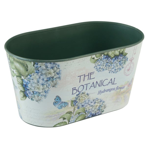 Ovaler Pflanztopf aus Metall mit blauem Hortensien-Motiv und dem Schriftzug The Botanical.