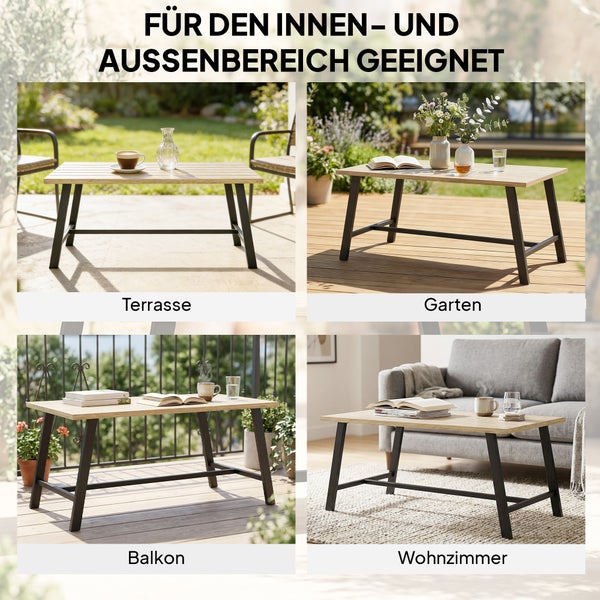Detailansichten eines Gartentisches mit hölzerner Latten-Tischplatte, einem Metallrahmen und schützenden Fußpolstern.