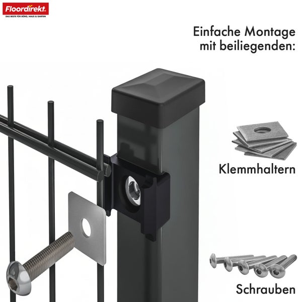 Zaunpfosten mit Klemmen, Unterlegscheiben und Schrauben zur einfachen Montage