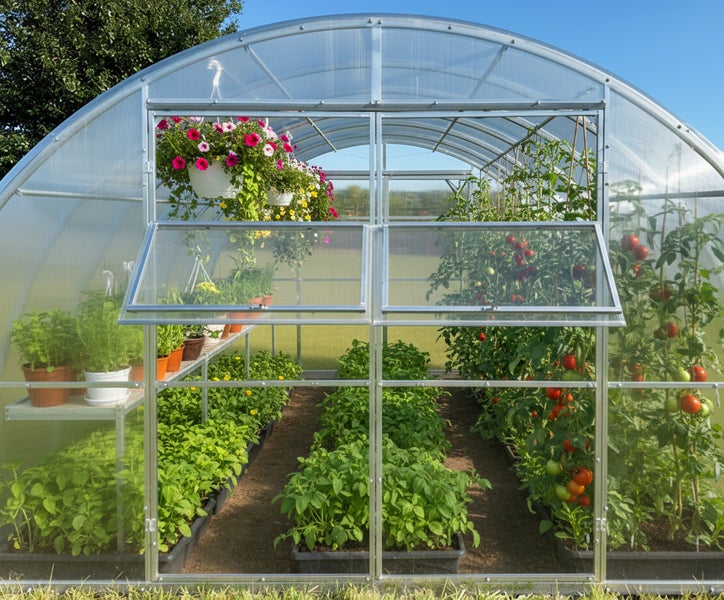 Gewächshaus mit verschiedenen Pflanzen und Gemüse wie Tomaten.