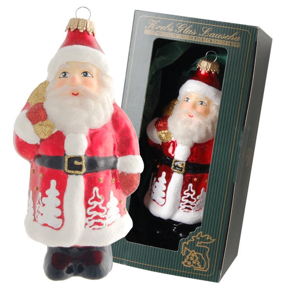 Rot/Weiß 14cm Santa mit Bäumen, Glasornament, 1 Stck.