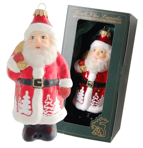 Rot/Weiß 14cm Santa mit Bäumen, Glasornament, 1 Stck., Weihnachtsbaumkugeln, Christbaumschmuck, Weihnachtsbaumanhänger