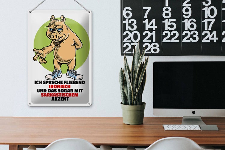 Holz Metall Emaille Schild mit Schwein-Motiv und Spruch
