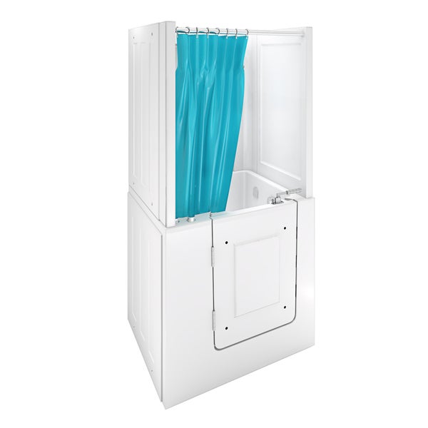 Barrierefreie Sitzbadewanne mit integrierter Tür, hohen Rückwänden und einem türkisfarbenen Duschvorhang.