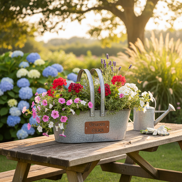 Zink-Blumenkorb mit bunten Blumen, einer Gießkanne und Gartenhandschuhen auf einem Holztisch im sonnigen Garten.