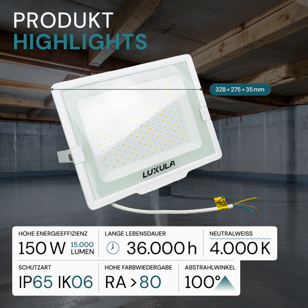 Luxula LED-Flutstrahler mit 150 Watt, 15000 Lumen, 4000 Kelvin neutralweiß, Schutzart IP65, 100 Grad Abstrahlwinkel und Luxula Logo.