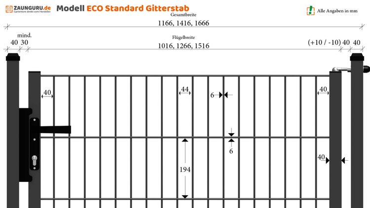 Gartentor ZAUNGURU ECO-Line aus Metall, Höhe: 143cm, Breite: 117cm, 1-flügelig inkl. Pfosten, Locinox-Schloss und Zubehör, Feuerverzinkt und zusätzlich in RAL 7016 Anthrazitgrau pulverbeschichtet