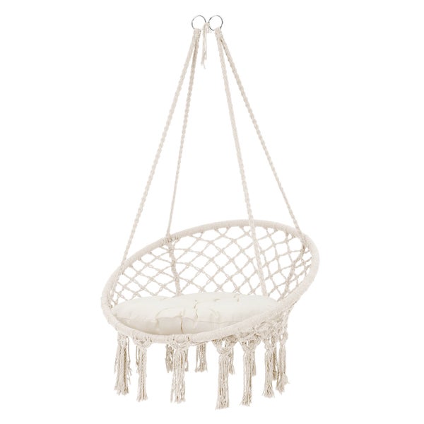 ECD Germany Hängesessel zum Aufhängen mit Sitzkissen, Beige, Boho Style, Makramee Design, Baumwolle, Ø 60cm, Belastbar bis 120kg, Geflochten Fransen Hängesitz Hängestuhl Hängeschaukel, Indoor/Outdoor