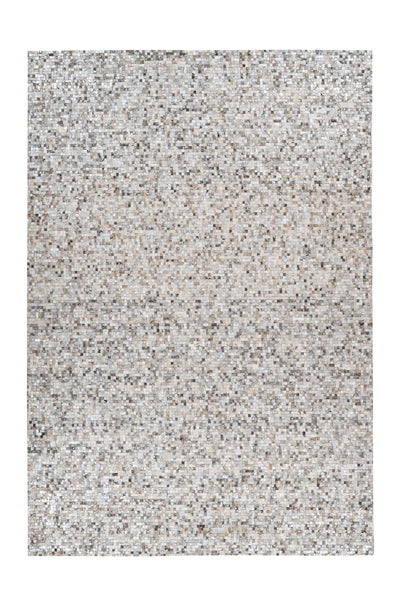Rechteckiger Teppich mit Mosaikmuster aus kleinen Quadraten in Grau, Beige und Braun.