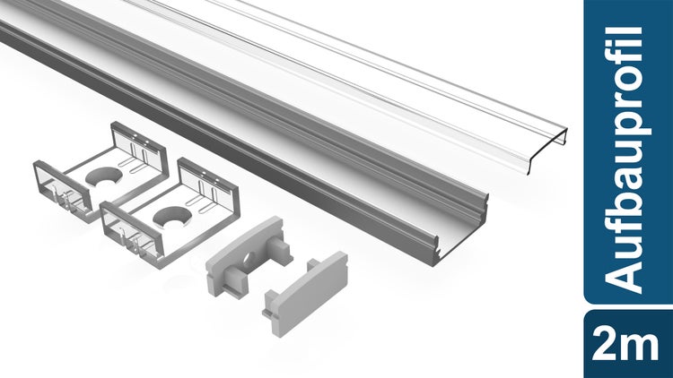 TIVENDIS Led Alu Profil 2 m AF Komplett Set für Strip / Streifen bis 12 mm breit | Abdeckung transparent klar, Endkappen, Befestigungclips | U-Form Aufputz Deckenleiste Wandprofil eloxiert