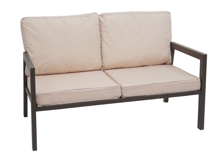 2-Sitzer Gartensofa mit Metallgestell, inklusive hellen Sitzkissen und Rückenkissen.