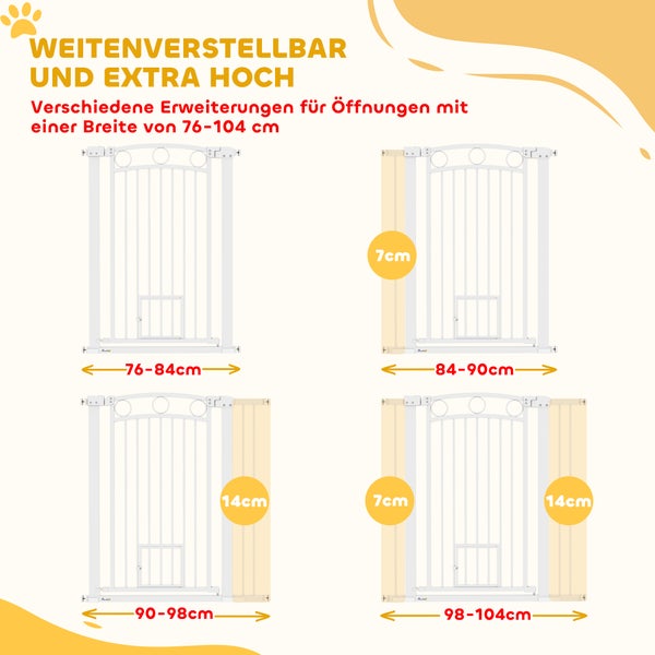 PawHut Türschutzgitter Hund, 76-104 cm Absperrgitter ohne Bohren, Treppengitter aus Stahl, Treppenschutzgitter mit Katzentür, Schutzgitter, Sicherheitsgitter für Treppen, Tür, Flur, Weiß