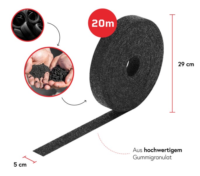 Eine Rolle Gummigranulat-Dämmstreifen mit 20 Meter Länge und 5 Zentimeter Breite aus recycelten Reifen, inklusive Maßangaben.