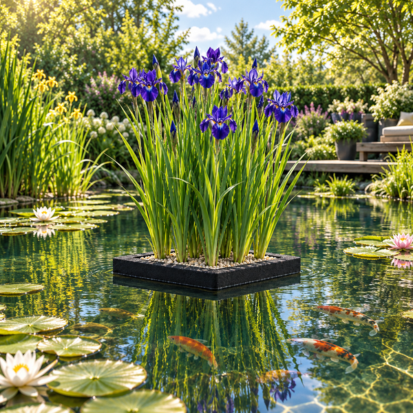Blühende Sumpfschwertlilien auf einer schwimmenden Pflanzinsel in einem Gartenteich mit Koi Karpfen und Seerosen.