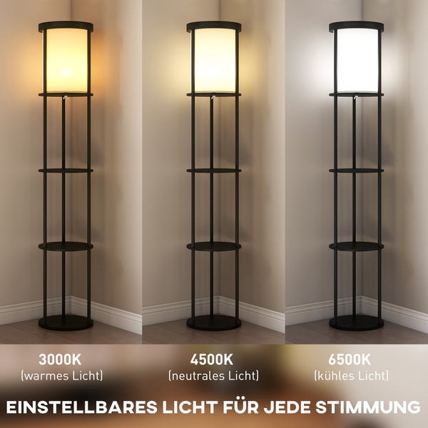 Schwarze Regalleuchte mit drei einstellbaren Lichtfarben: warmweiß 3000 Kelvin, neutralweiß 4500 Kelvin und tageslichtweiß 6500 Kelvin.