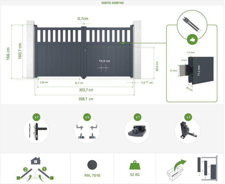 SANTIS 300B160 Flügeltor-Paket + 2 EIFEL-Pfosten h.190cm Grau