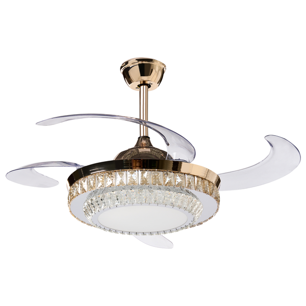 Goldfarbener Deckenventilator mit LED-Beleuchtung in Kristall-Optik und vier transparenten Flügeln.