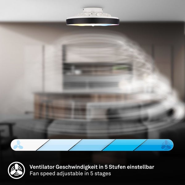 LED-Deckenventilator mit Licht in einem Wohnzimmer, die Geschwindigkeit ist in fünf Stufen einstellbar.