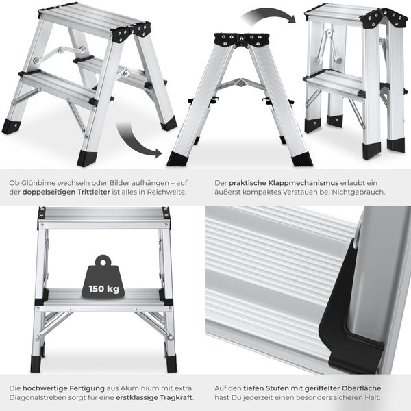 Zweistufige Aluminium-Doppel-Klapptrittleiter mit einer Tragkraft von 150 Kilogramm, platzsparend klappbar und mit geriffelten Stufen.