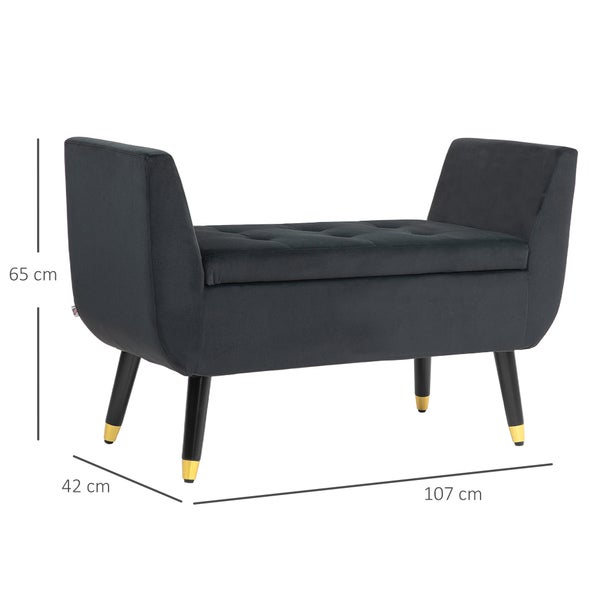 HOMCOM Sitzbank mit Stauraum Armlehnen Polsterbank mit Samtoptik, Sitztruhe mit Holzbeine, Truhenbank für Wohnzimmer Schlafzimmer Flur 107 x 42 x 65 cm, Dunkelgrau