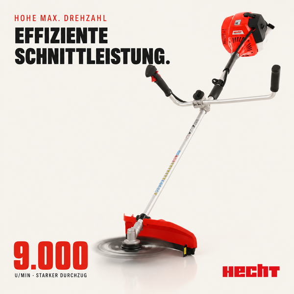 Hecht Benzin-Motorsense mit Zweihandgriff, 9000 Umdrehungen pro Minute für effiziente Schnittleistung. Hecht Logo.