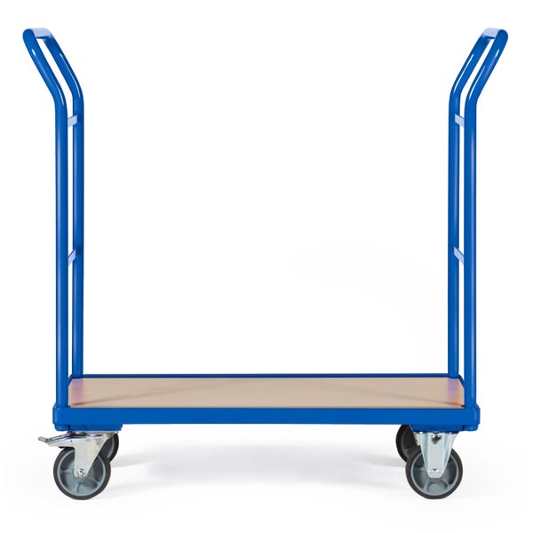 Blauer Transportwagen mit Holzplattform und vier Rädern