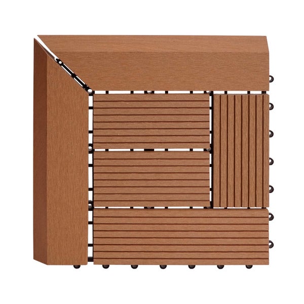 WPC Klickfliese Abschlusskante und Eckstück braun mit geriffelter Oberfläche für Terrassen und Balkone.