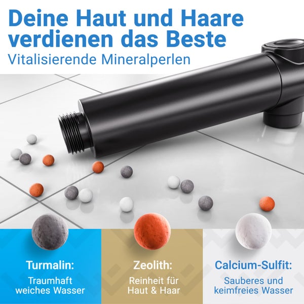 Handbrausegriff mit Mineralperlen: Turmalin für weiches Wasser, Zeolith für Reinheit von Haut und Haar und Calciumsulfit für sauberes Wasser.