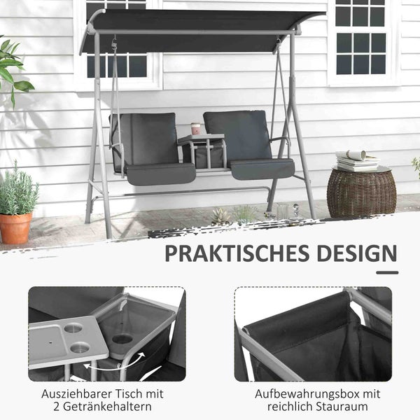 Outsunny Hollywoodschaukel 2-Sitzer Schaukelbank mit Baldachin, Tasche, Gartenschaukel mit Tablett, bis 180 kg Belastbar, für Garten, Balkon, Schwarz