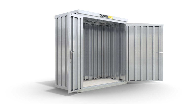 Lagercontainer Gerätehaus XS  – 2 qm, H2150 x B2100 x T1140 mm, verzinkt, mit Holzfußboden, 1830 mm Doppelflügeltür mittig in Breitseite, zerlegt