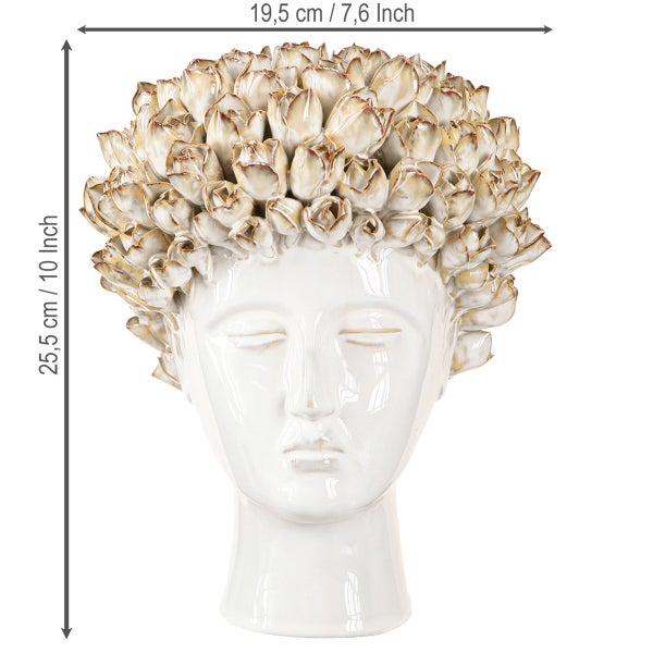 Dekorative Keramikbüste in Kopfform mit Blumenbesatz, Höhe 25,5 Zentimeter, Breite 19,5 Zentimeter.