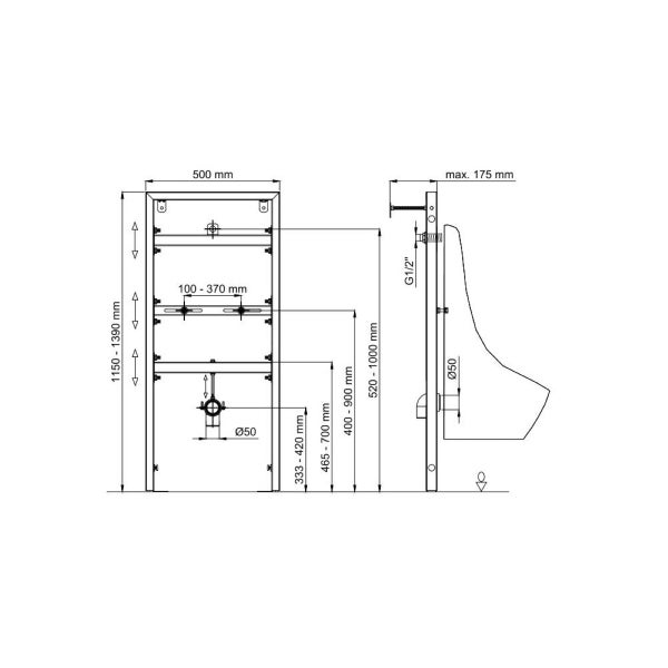 Maßzeichnung für ein Urinal-Montageelement mit Angaben zu Breite, Höhe, Tiefe und Anschlusspunkten in Millimetern.