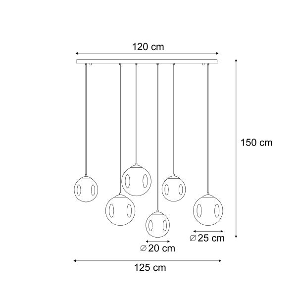 Technische Zeichnung einer Pendelleuchte mit sechs Glaskugeln und den Maßen 120 cm Breite, 150 cm Höhe, 125 cm Länge sowie Kugeldurchmessern von 20 cm und 25 cm.