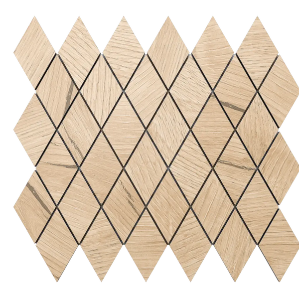 Mosaikfliesen in Rautenform mit Holzoptik und sichtbarer Maserung.